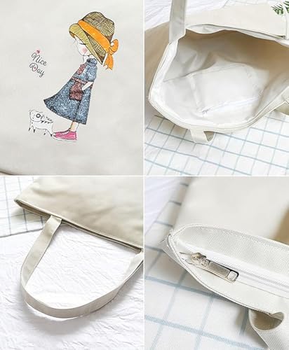 ZIBUYU® Cotton Canvas Tote Bag for Women - Reusable Straw hat Girl Shopping Bag with Graphic Print, Foldable & Washable for College, Beach, Work & Daily Use (White, 1 Pc)