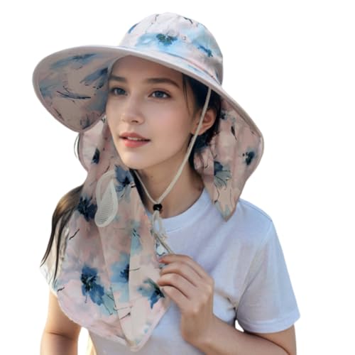 SANNIDHI® UPF50+ Sun Hat for Women, Wide Brim Sun Hat with Neck Flap & Removable Ventilated Face Mask, Fashion Floral Print Summer Beach Hat Outdoor Sun Hat