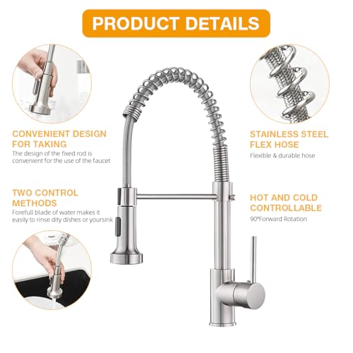 HASTHIP® Kitchen High Arc Faucet, Telescopic Stainless Steel Faucet for Kitchen Double Sink, 360 ° Flexible Spout with Assistant Retainer Arm, Stream & Shower Mode, with Installation Kit