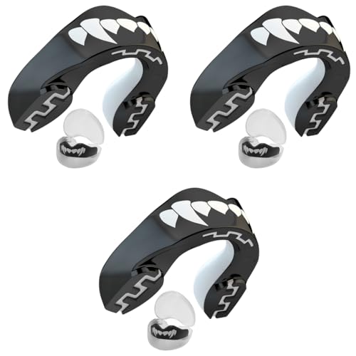 Proberos® Mouthguard Printing Pro Mouth Guards Sports Guard for Boxing MMA Karate Taekwondo Football Basketball Hockey Jiu Jitsu Adults 12+ Years Black Fangz 3 PCS