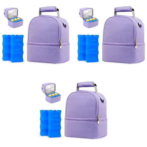ZIBUYU® Breastmilk Storage Bag with Ice Pack Double Layer Warmer Insulated Strap Fits 6 Ounces Bottles Waterproof Mommy Diaper Bento Box Backpack Purple 3 PCS
