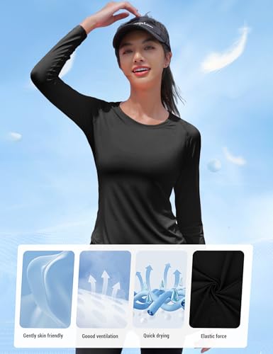 Venzina® UPF 50+ Outdoor Running Top Quick-Dry Long Sleeve Sport Wear Yoga Clothing, Lightweight & Moisture Wicking, Fashion Workout Top for Running, Tennis, Exercise, Black- XL