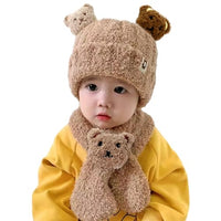 SNOWIE SOFT® Winter Cap for Kids Baby Cap Woolen Cap for Baby Winter Hat Scarf Set, Brown Cartoon Bear Baby Winter Cap for 0 to 3 Year Christmas Gifts