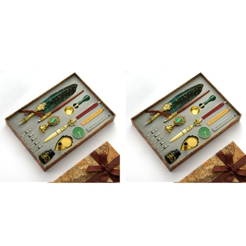 HASTHIP® Quill Pen and Ink Set Calligraphy Feather with Wax Seal Stamp Includes Dip 5 Replacement Nibs 3 Wax Sticks Nib Base White Spoon Green 2 PCS