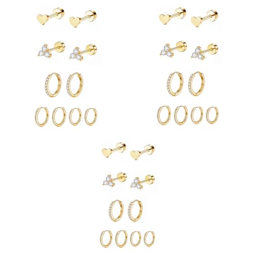 SANNIDHI® 5 Pairs Earrings Set for Women Girls Stylish Hypoallergenic Surgical Gold Flat Back Stud Earrings Hoop Earrings Stainless Steel Cartilage Earrings Gifts Earrings Combo for Multiple Piercing 3 PCS