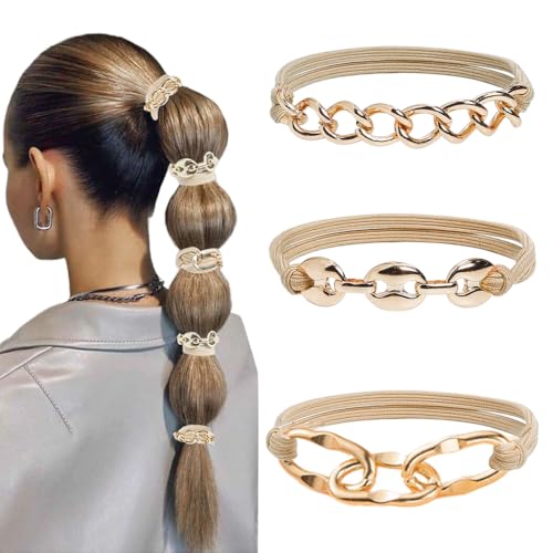 MAYCREATE 3Pcs Hair Ties for Women Golden Metal Loop Chain Charm Hair Bands Hair Elastics Hair Ties for Girls Chic Women Wristband Fashion Piece Headpiece Gift for Girls