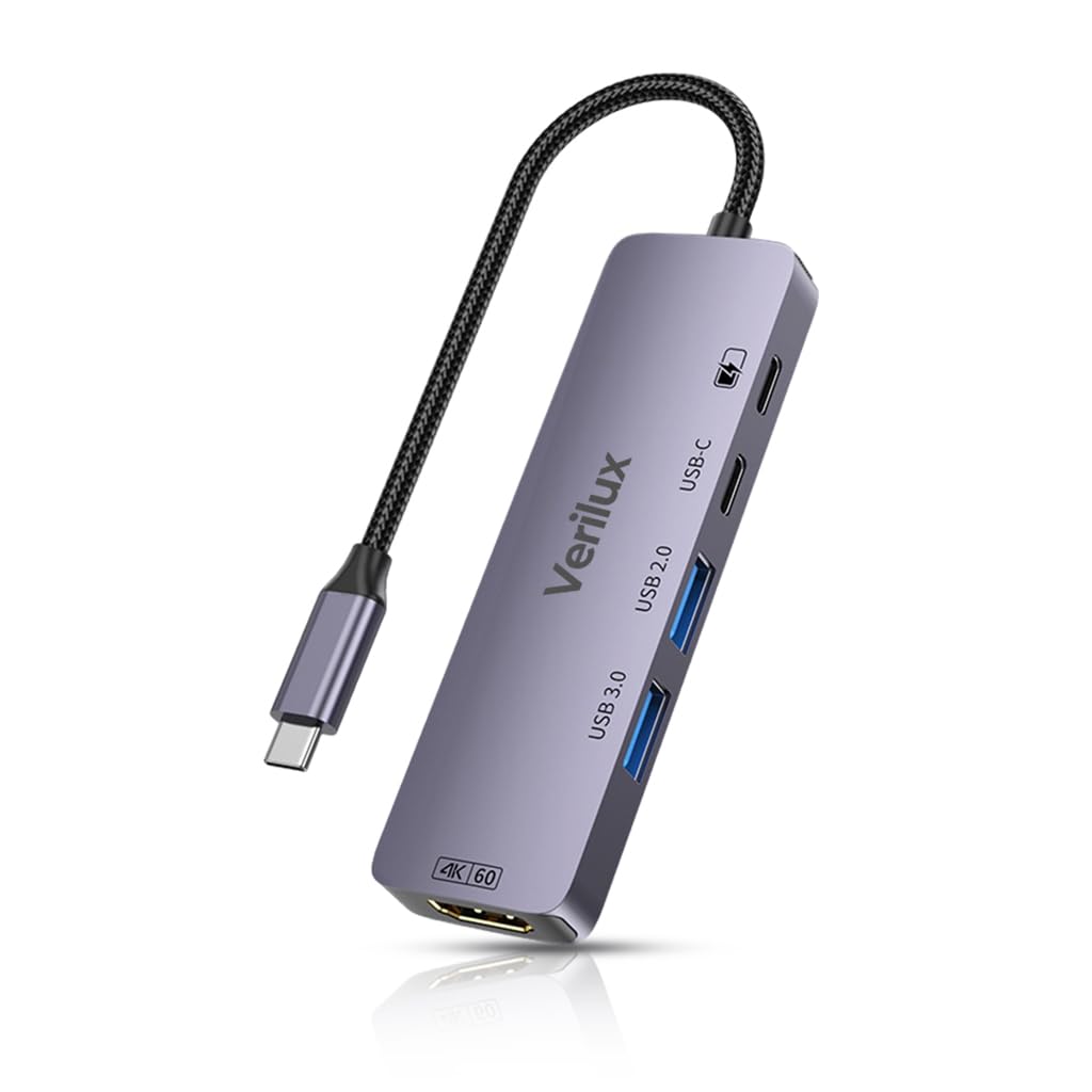 Verilux® 5 in 1 USB C HUB USB-C to HDMI, Dual USB Ports Design, Support 4K@60Hz Video Output & PD 100W Power Delivery, Plug and Go USB C Hub for Phone, Tablet, SSD Enclosure, Laptop, Monitor