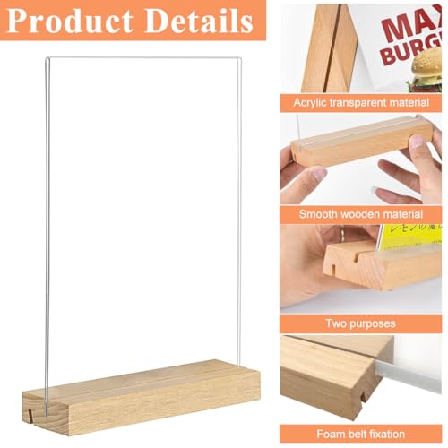 Climberty® 9PCS Sign Holder with Reversable Wooden Base A5 Clear Acrylic Display Stand for Tilted Vertical Displaying Holders Reception Bar Restaurant