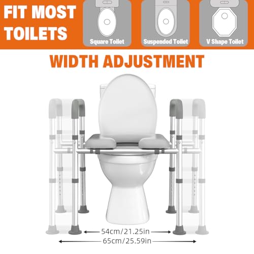 HANNEA® Toilet Seat Riser for Seniors, Rugged Aluminum Alloy Anti-slip Toilet Seat with Handrail Dual Way Adjustable Height and Width Design Universal Toilet Seat Riser with Handrail