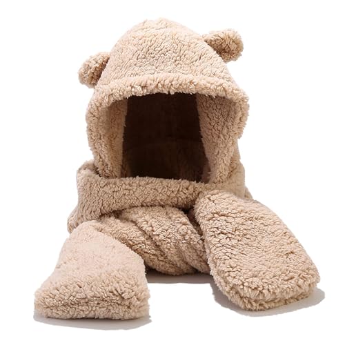 PALAY Kawaii Winter Scarf Hat for Girls 3 In 1 Cute Bear Ear Warm Scoodie Scarf Hat Extended Long Scarf & Intergrated Gloves Fashion Winter Scarf Hat Gift for Girls