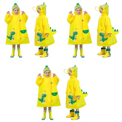 PATPAT® Dinosaur Kids Rain Coat EVA Hooded Jacket with Transparent Wide Brim Cartoon for Boys Girls 3-4 Years Old with Storage Pouch Knee-Length S 3 PCS Yellow