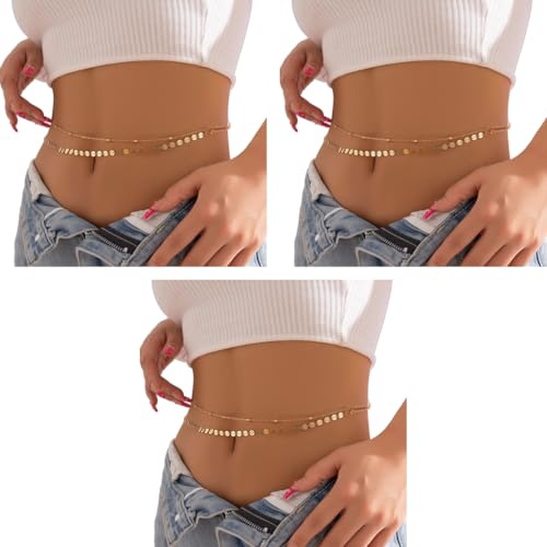 SANNIDHI® Waist Chain for Women Set of 6PCS Sequin Gold Plated Belly Chains 2-Layered Beads Coin Dainty Body Jewelry Bikini Beach Wear 39in Long Adjustable