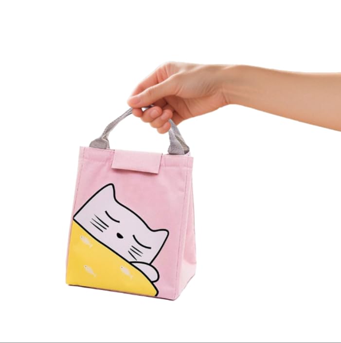 ZIBUYU Insulated Lunch Bag for School and Office with 24x20x16 in Capacity | Waterproof Pink Kitten Canvas Tote