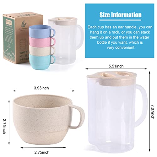 Supvox® 4 Pcs Unbreakable Wheat Straw Plastic Mugs with 2L Cold Water Kettle, 4 Multicolor Cups for Kids Children Toddler Adult, Dishwasher Coffee Mug for Water, Tea, Milks, Juice