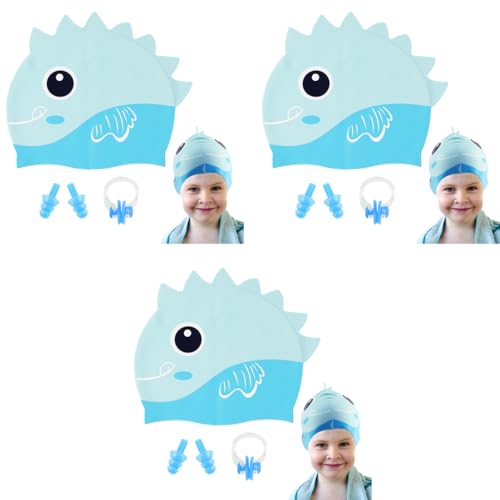 Proberos® Kids Swimming Cap Silicone with Nose Clip Earplugs Blue Cartoon Dinosaur Stretchy Comfortable Swim for Boys Girls Age 3-12 3 PCS