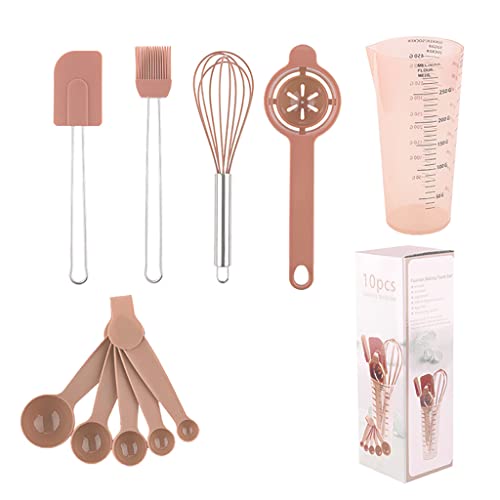 HASTHIP® 10Pcs Measuring Spoons Cups Silicone Kitchen Utensils Spoon Set, Include Egg Strainer, Oil Brush, Scraper, Egg Beater, Silicone Cooking & Baking Tool, BPA-Free, Dishwasher Safe (Brown)