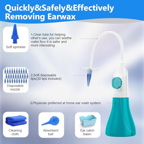 HANNEA® Manual Ear Rinser Kit Long Tube Canal Irrigator for Adults Kids Cleaning with 90PCS Single-Hole Nozzles 1 Five-Hole Nozzle Towel Silicone Water Sucker Basin
