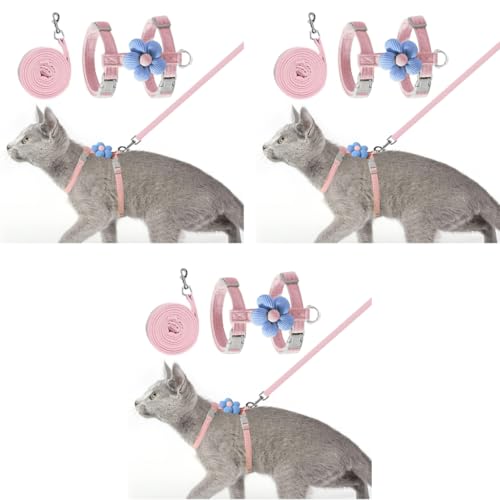 Qpets® Cat Harness with Leash Set for Kitten Quick Release Buckle Escape Proof Cute Flower Small Pet Belt Outdoor Walking Travel M Chest 27-43cm Neck 23-33cm 3PCS