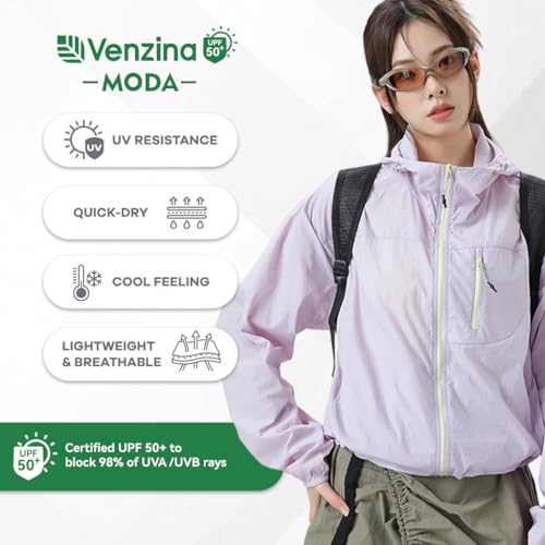Venzina® UPF 50+ Sun Protection Jacket Stylish Cropped Sunscreen Top for Women Ultra-light Quick Dry Hoodie with Back Air Vent & Chest Zip Pocket, Water-Proof UV Coat for Outdoor, Light Purple, L