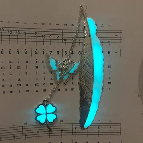 HASTHIP® Metal Feather Bookmark Glow in The Dark Bookmarks for Books 3D Silver Butterfly Four Leaf Clover Gift for Teachers Women Student Mothers Day Christmas 3PCS