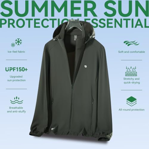 Venzina® UPF 150+ Sun Jacket for Men, Stylish UV Sun Protection Jacket, Cool Feel Quick Dry Sun Hoodie, Fashion Modern Fit with Removable Hat & Zip Pocket, for Driving, Camping, Riding, Dark Green, XL