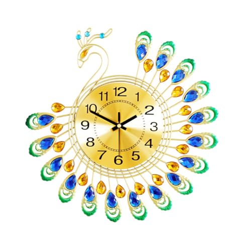 HASTHIP 15 Inch Golden Peacock Metal Art Clock for Home Décor - Silent Non-Ticking Retro Roman Wall Clock for Living Room, Bedroom, Office, Battery Operated (Without Battery)