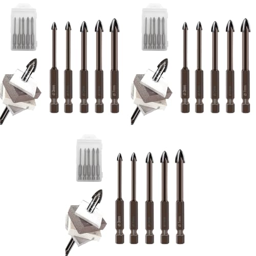 Serplex® 15PCS Glass Tile Concrete Drill Bit Set, Multi-Function Triangle Cross Alloy Drill Bit Tip Tools, Hex Shank Tungsten Carbide Tip Drilling Tools for Glass, Ceramic Tile Wall, and Wood (3-7 mm)