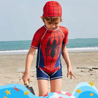 SNOWIE SOFT® Boys Swimsuit Swimming Cap Set Short Sleeve Spiderman Print Swimsuit for Boys Stretchy One-Piece Swimming Suit for Boys UPF 50+ Swimming Suit for Boys 3-4 Years Old, Size 110cm