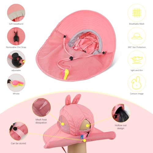 SNOWIE SOFT® Wide Brim Sun Hat for Kids Girls with Neck Flap Shawl, UPF 50+ Adjustable Chin Strap Sun Protection Hat for Girls 4-10 Years Old Pink