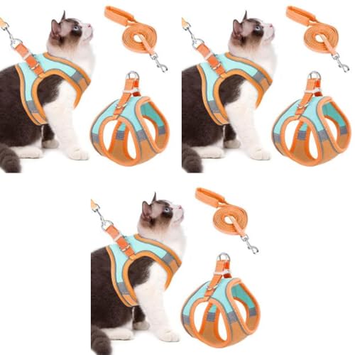 Qpets® Cat Harness with 1.5m Leash Adjustable Size Breathable Vest Strap Safety Reflective Strip for Small Cat and Dog M Orange 3PCS