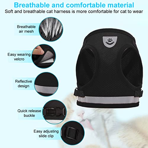 Qpets® Cat Harness for Small Dogs, Adjustable Cat Belt with Safety Reflective Strip, Breathable Mesh Fabric Cat Accessories, Cat Vest Harness with Cat Leash (Black, Suitable for 1-2.5 kg)