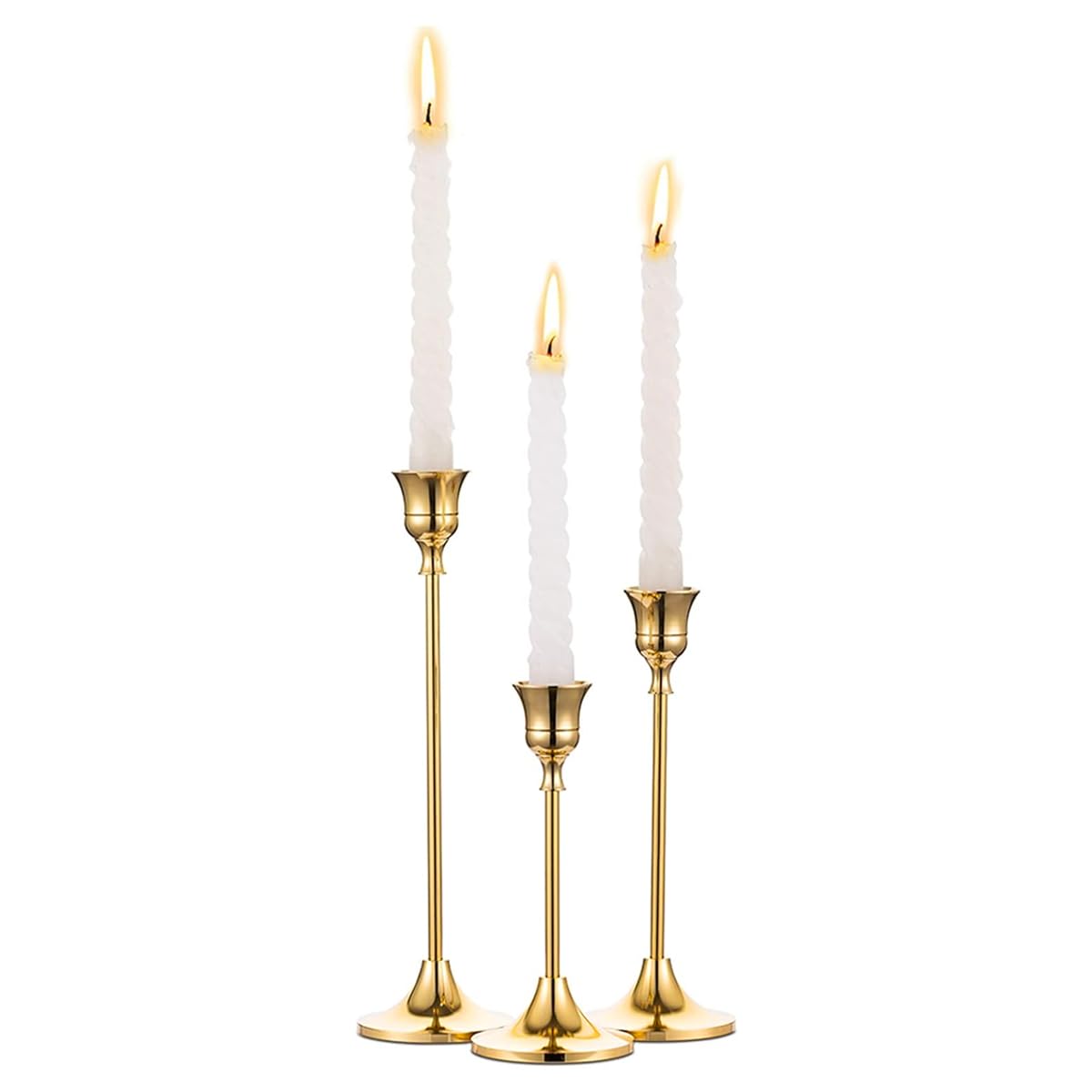 HASTHIP® Candle Holders Taper Candle Stand, Set of 3 Candle Stick Holders Set, Golden Metal Candlestick Holder Set for Dining Table Centerpiece, Coffee Table, Mantel, Or Any Table Top