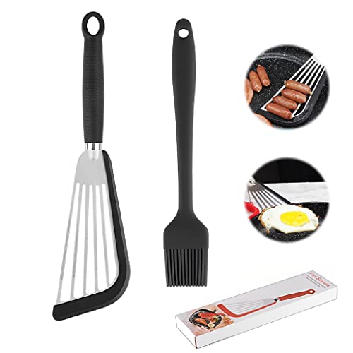 HASTHIP® Stainless Steel Fish Spatula and Silicon Oil Brush Set, Slotted Fish Turner Spatula, 12.4 inch Long Silicone Nonstick Fish Spatulas for Cookware, Anti-Scald Silicon Handle, Black