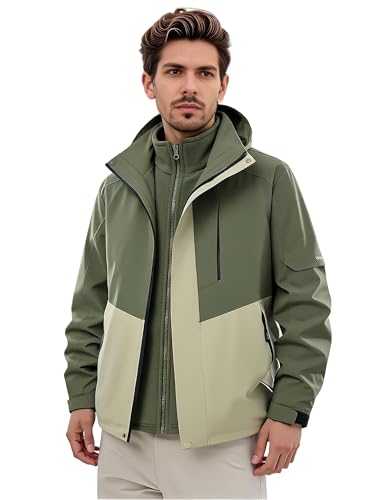 Venzina® Men's 3-in-1 Outdoor Hiking Jacket, Lightweight Windproof Waterproof Jacket with Detachable Fleece Liner for Winter Sports, Camping, Travel, Army Green-M