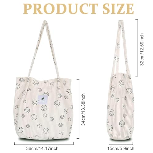 PALAY® Tote Bags For Women Canvas Smiling face Print Corduroy Bags for Women Reusable Shopping Bag Washable Handbag For Girls Daily Use Work Travel