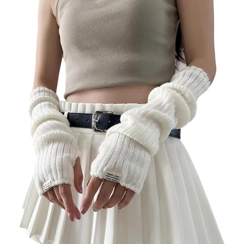 SANNIDHI® Arm Warmers for Long Sleeve Fingerless Y2K Cool Girls Warm Gothic Skateboard Punk Hip Hop Knitted-White