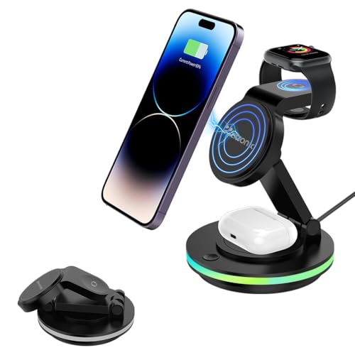 zitronix® Magnetic Wireless Charger for iPhone 3 IN 1 Wireless Magentic Charger for iPhone, iWatch & Airpods Fashion Travel Folding Wireless Magentic Charger with Light, Universal Compatibility