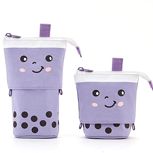 Zibuyu Telescopic Standing Pencil Case for School and Office with Dual Handles and Canvas Design | Cute Purple Boba Tea Holder for Girls