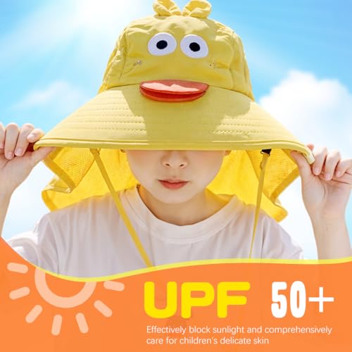 SNOWIE SOFT® Kids Sun Hat Cartoon Yellow Wide Brim for Girls Breathable Mesh Visor with Neck Flap Summer Windproof Beach Adjustable Chin Strap Design 2 PCS