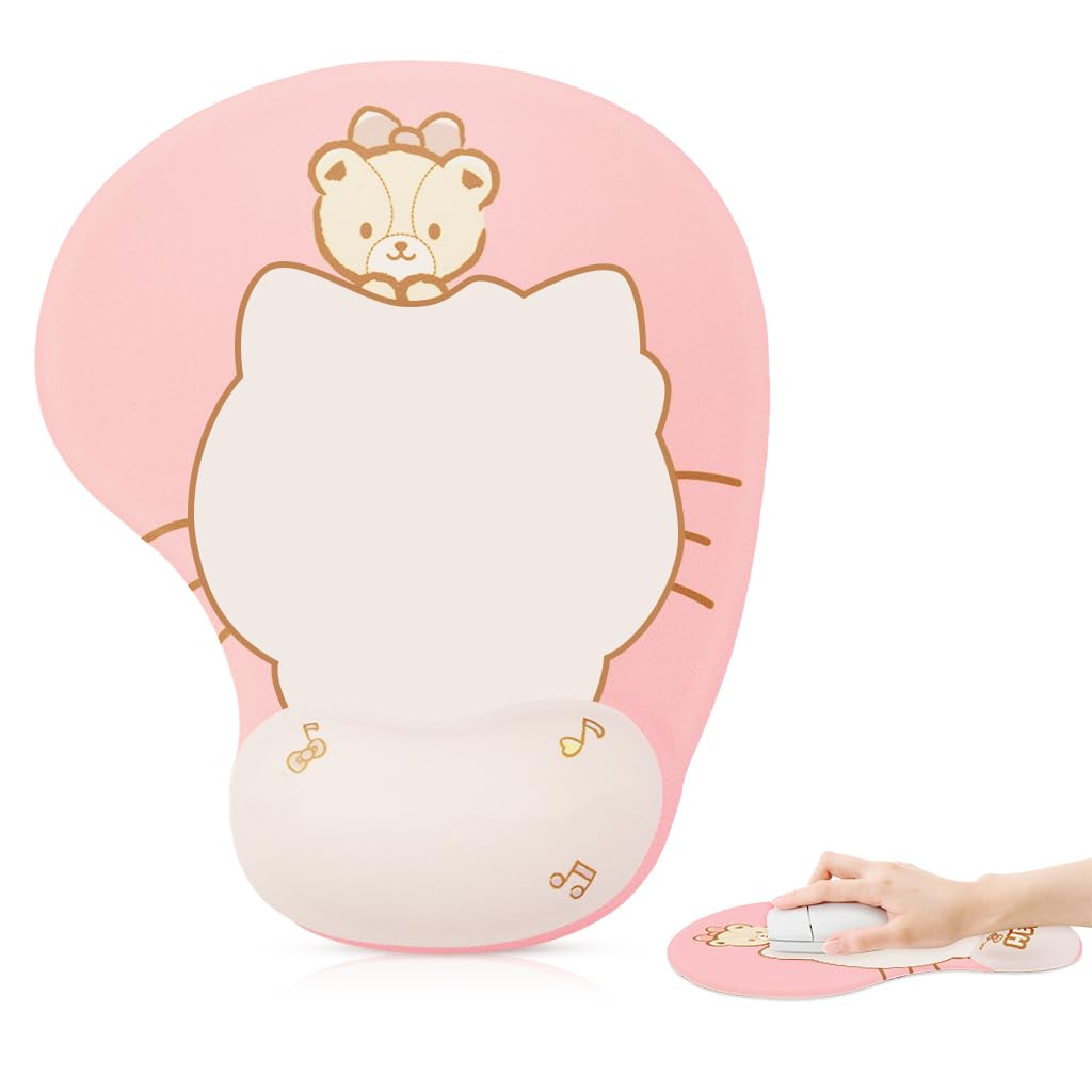 Fancyku Mouse Pad with Wrist Rest for Office and Gaming featuring Non Slip Silicone Base | Cute Cartoon Kitty Design with Smooth Lycra Cover