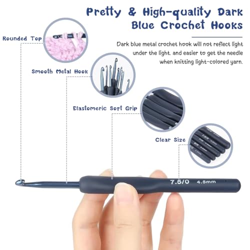 ZIBUYU® Crochet Set 27PCS Aluminum Flower Embroidery Kit for Beginners 2.0mm-6mm TPR Rubberized Handle DIY Tailoring Accessories Projects Dark Blue