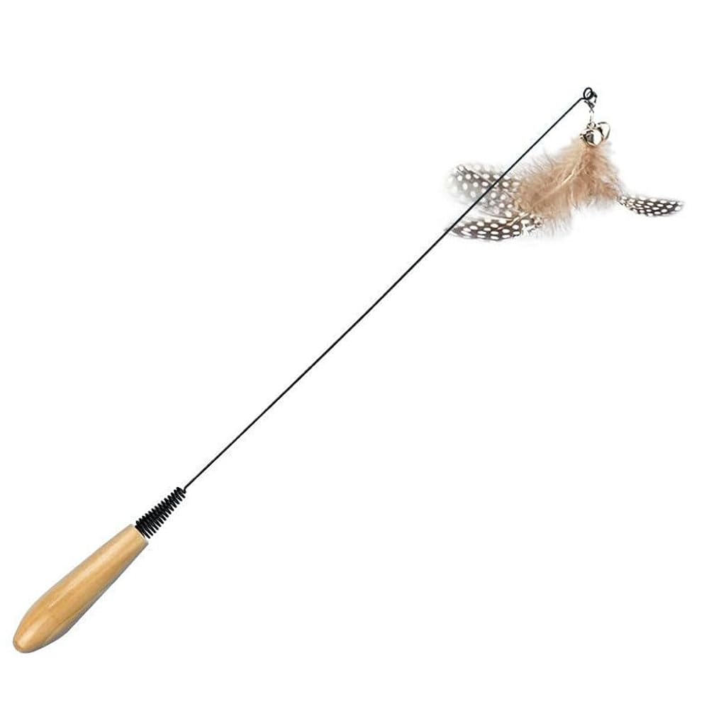 Qpets® Cat Teaser Wand, Elastic Rod with Interchangeable Feather & Bell Attachments, Replaceable Wooden Handle for Interactive Play, Stimulates Instincts & Exercise