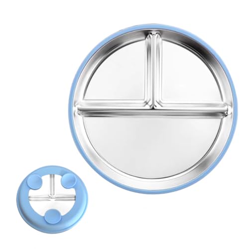 HASTHIP® Kids Food Plate with Suction Cups, 9'' Round 3-Compartment Plate, Stainless Steel Food Plate for Toddlers Self-feeding Training, Anti-flip Shallow Food Plate Breakfast Bread Snack Plate