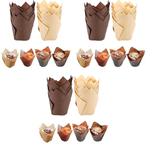 Supvox® 300PCS Cupcake Liner 5cm Diameter Tulip Paper Cups Food Grade Greaseproof Baking Muffin Holders for Weddings Birthdays Baby Showers Brown Beige