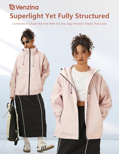 Venzina® Outdoor Hiking Jacket for Women Windproof, Splashproof Hoodie with Pockets, Dual-Way Waterproof Zipper, Loose Fit Long Sleeve Fashion Outdoor Couple Jacket for Hiking, Daily-Pink-L