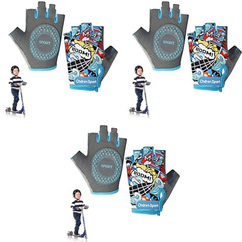 Proberos® Surfing Boy Kids Bike Gloves Size S for 4-8 Years Old Anti-Slip Breathable Fingerless Cartoon Print Riding Sport Children's Bicycle 3PCS