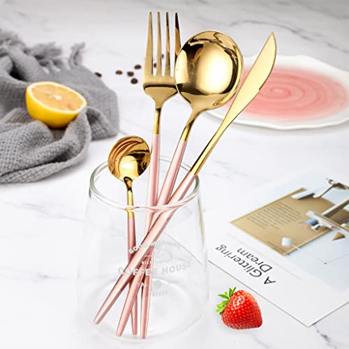 HASTHIP® 410 Stainless Steel Fork Spoon Coffee Spoon 4 Piece Set, Spoon Fork Outdoor Gift Set, Flatware with Gift Box Dinnerware Cutlery Set Tableware Set (Gold with Pink)