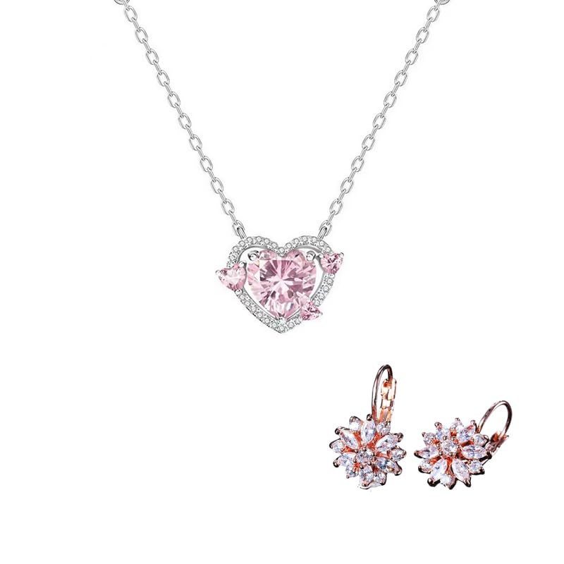 ZIBUYU® 2pc Jewelry Set for Women Sparkling Pink Heart Crystal Necklace & Sunflower Hook Earrings, Gold Plated Alloy, Adjustable Chain, Elegant Gift Box, Party, Wedding & Daily Wear
