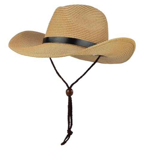 Proberos® Men's Straw Panama Hat, Summer Fedora Trilby with Wide Brim, Adjustable Chin Strap, UV Protection, Breathable Lightweight Cowboy-Style, Ribbon Accent, Outdoor Sun Cap