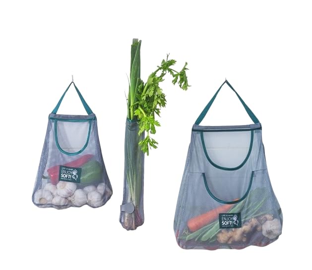 HASTHIP® 3pcs Hanging Mesh Storage Bags Reusable Produce Bags Dual Pocket Net Bag for Kitchen Fruit Vegetable Garlic Onion Potatoes Tomatoes